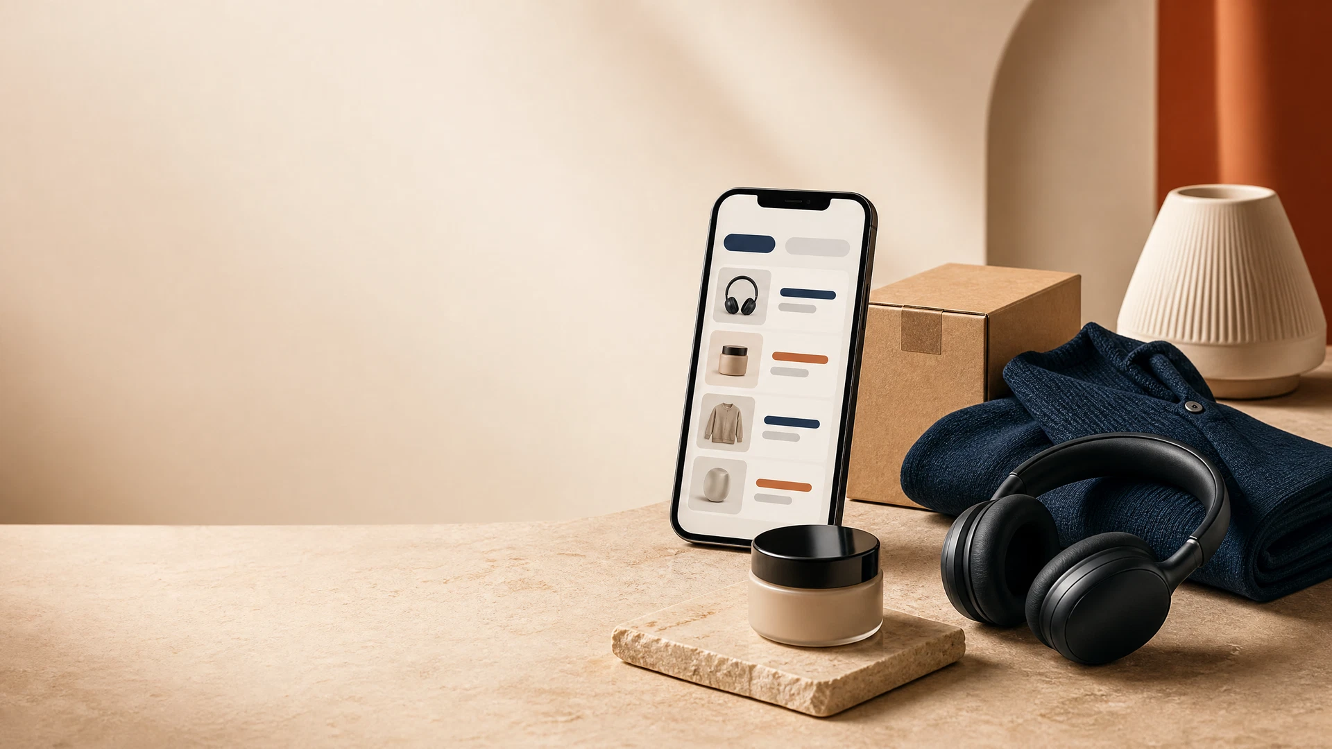 Online shopping price-check planning with a smartphone, parcel, headphones, skincare jar, folded garment and home item on a warm table