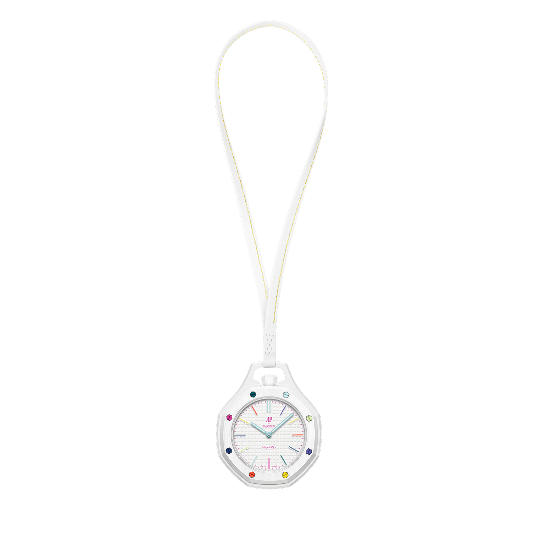 Huit Blanc model showing the white dial with rainbow-colored indices and Petite Tapisserie pattern