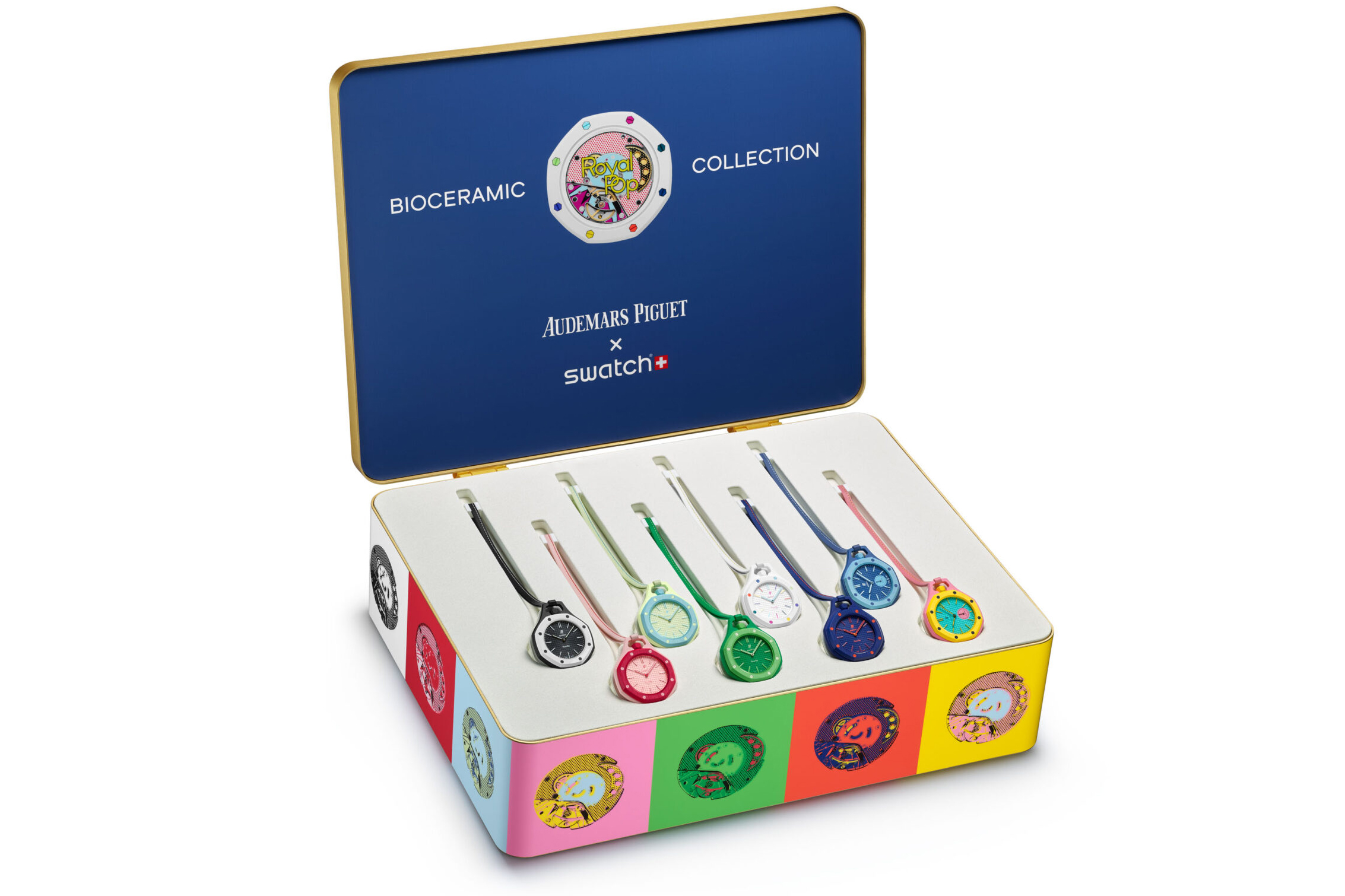 Audemars Piguet x Swatch Royal Pop collection box with all eight colorful pocket watches