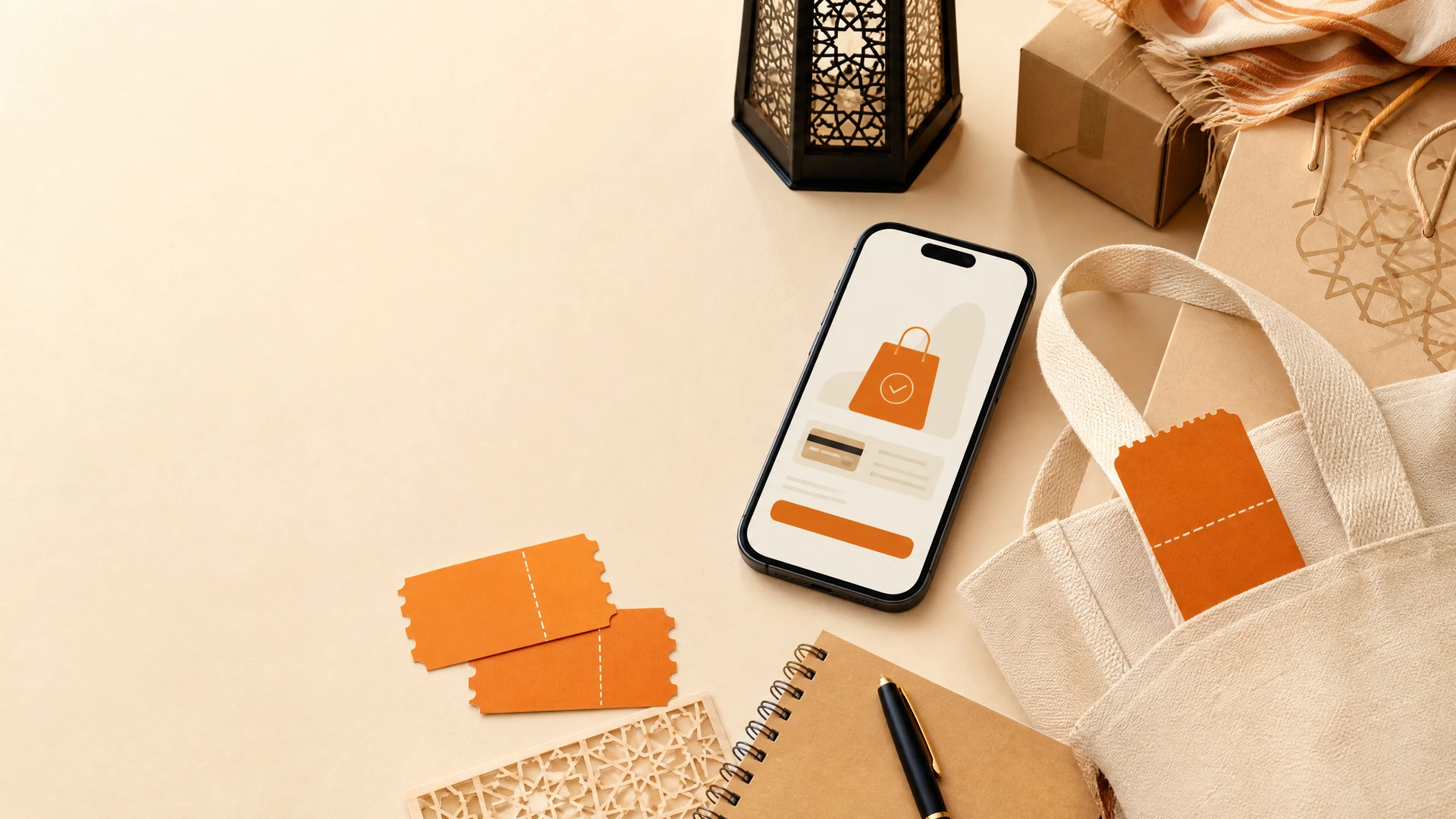Shopping planner with a mobile checkout screen, discount-ticket shapes and delivery parcels for UAE and GCC online deals