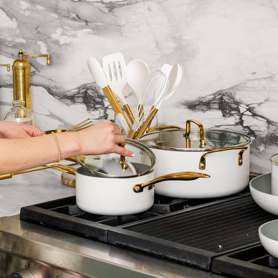 White and gold kitchen utensils set