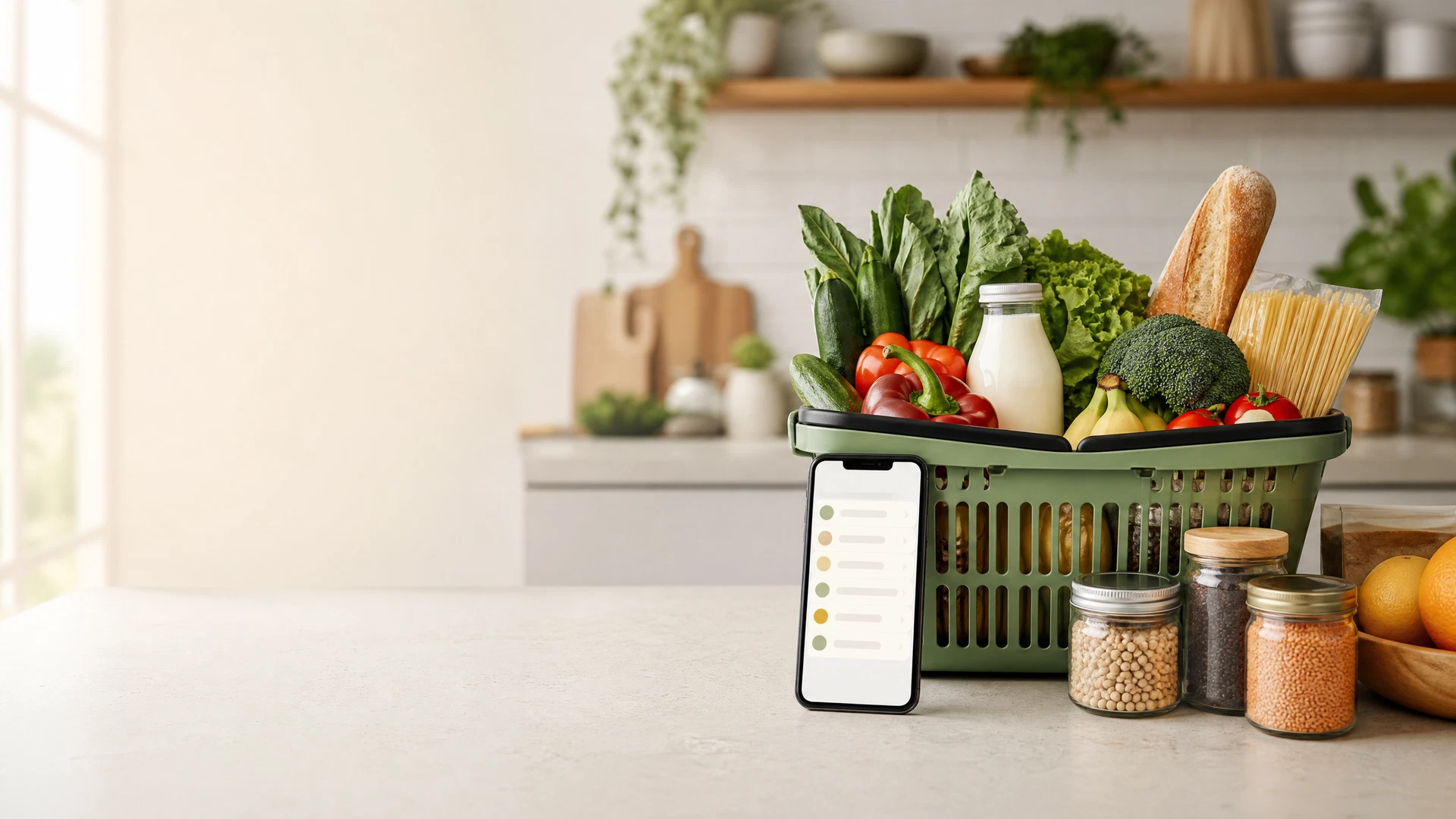 Online grocery planning with a phone shopping list, fresh fruit, vegetables, bread, milk and pantry items on a bright kitchen counter